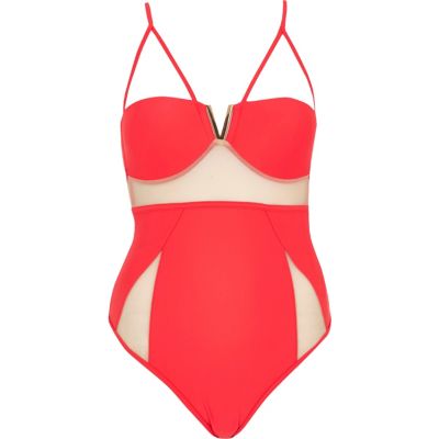 Red mesh insert strappy swimsuit
